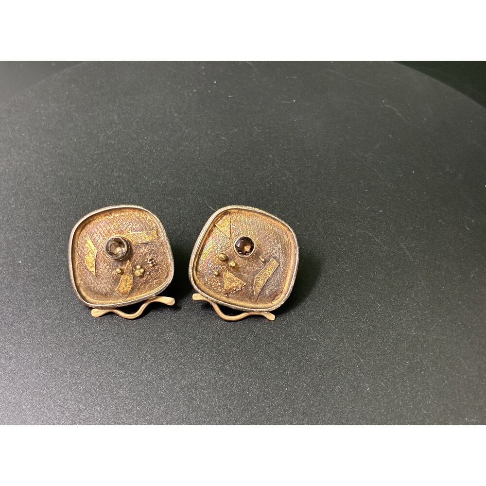 Vintage Modernist Bronze Tone Post Earrings Smoky Rhinestone Brutalist - Picture 6 of 7